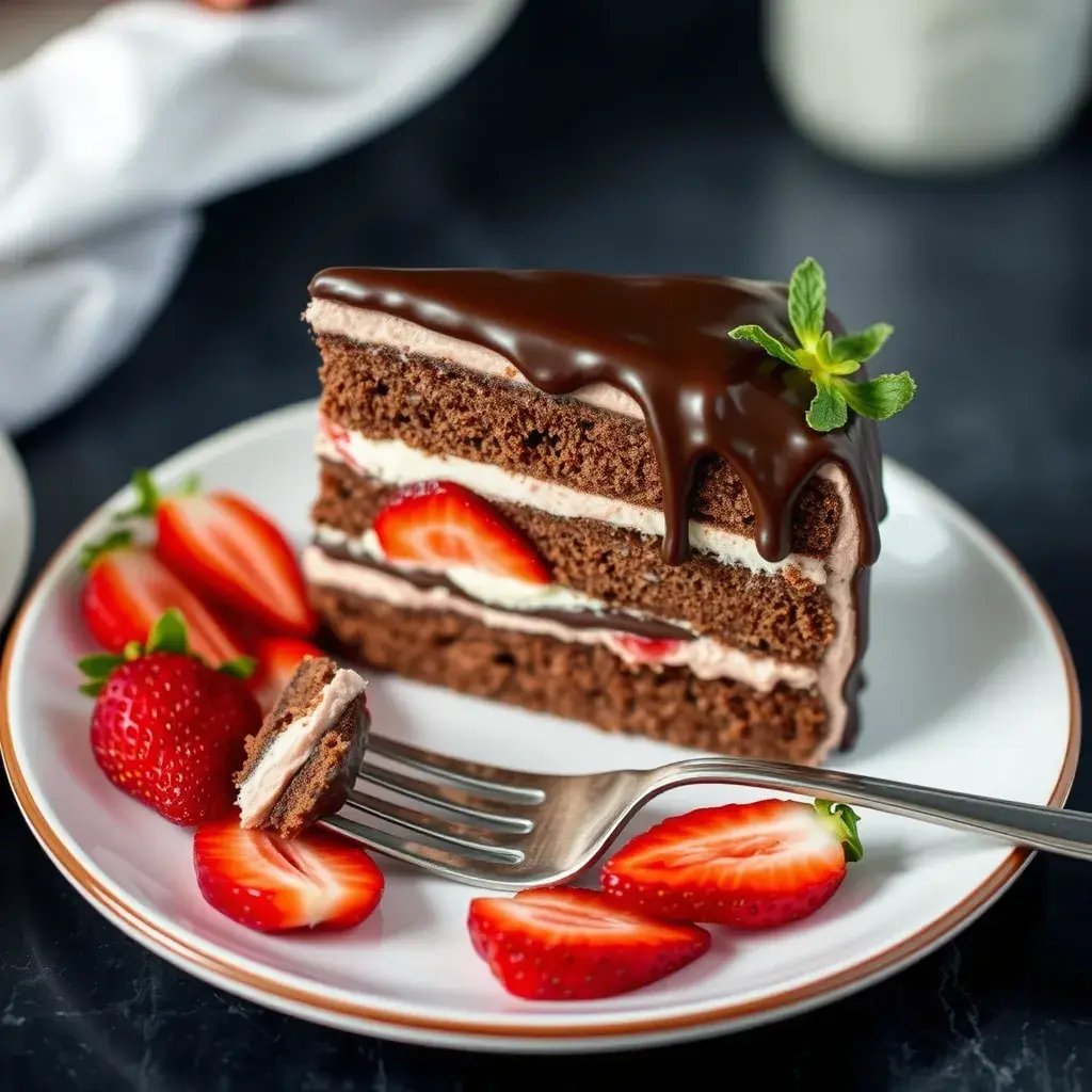 Chocolate strawberry cake slice with pink frosting and chocolate drip