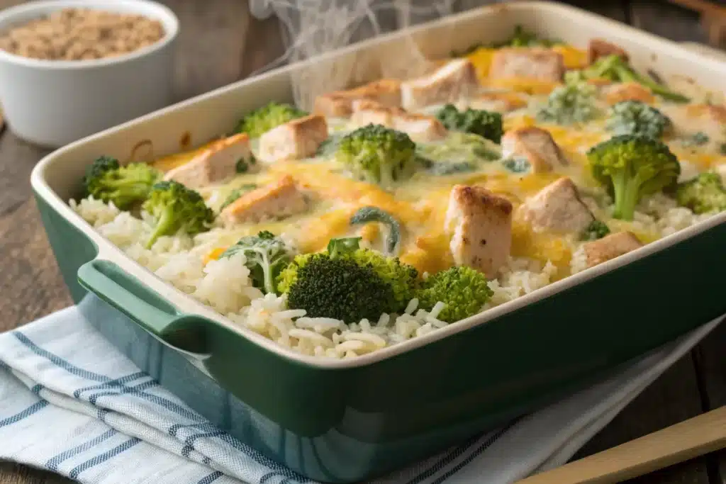 A steaming hot casserole dish filled with rice, broccoli, and chicken topped with melted cheese.