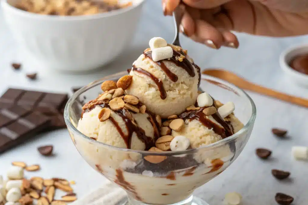 Homemade Rocky Road Ice Cream garnished with marshmallows, toasted almonds, and chocolate sauce.