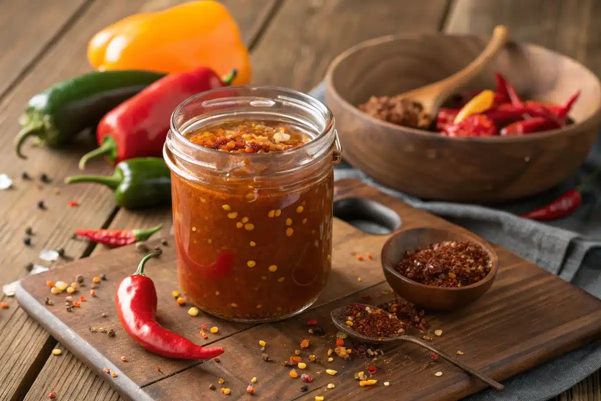 A jar of homemade chili sauce sits on a wooden cutting board surrounded by peppers and spices.