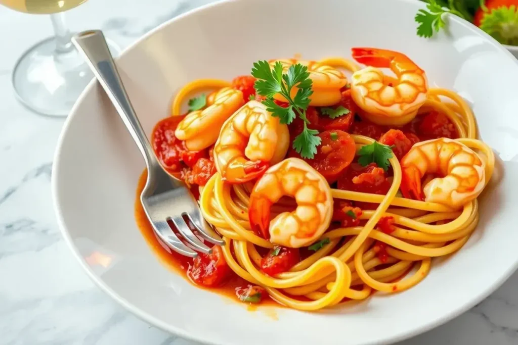 Spicy shrimp pasta with tomato sauce, parsley, and chili flakes served in a white bowl.