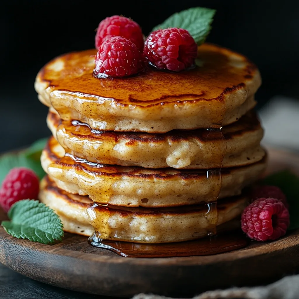Keto banana cottage cheese pancakes stack with raspberries and syrup
