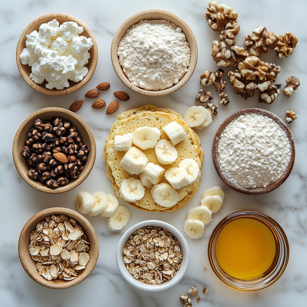 Keto banana cottage cheese pancake ingredients flat lay