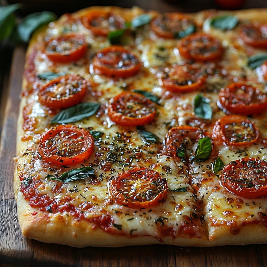 no knead focaccia pizza on wooden table