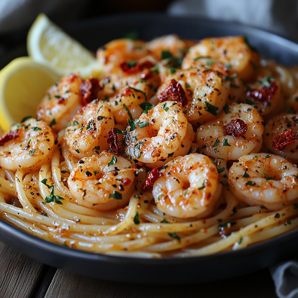 Shrimp scampi with sun-dried tomatoes plated beautifully