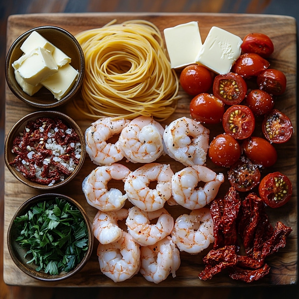 Shrimp scampi ingredients with sun-dried tomatoes