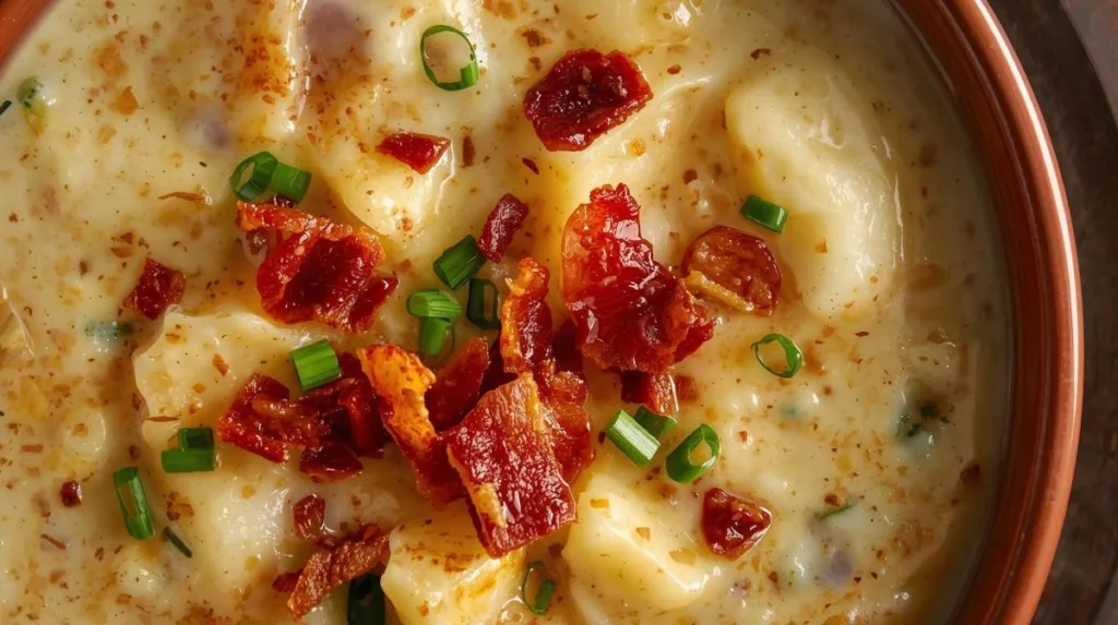 A close-up, overhead shot of a bowl of creamy loaded potato soup