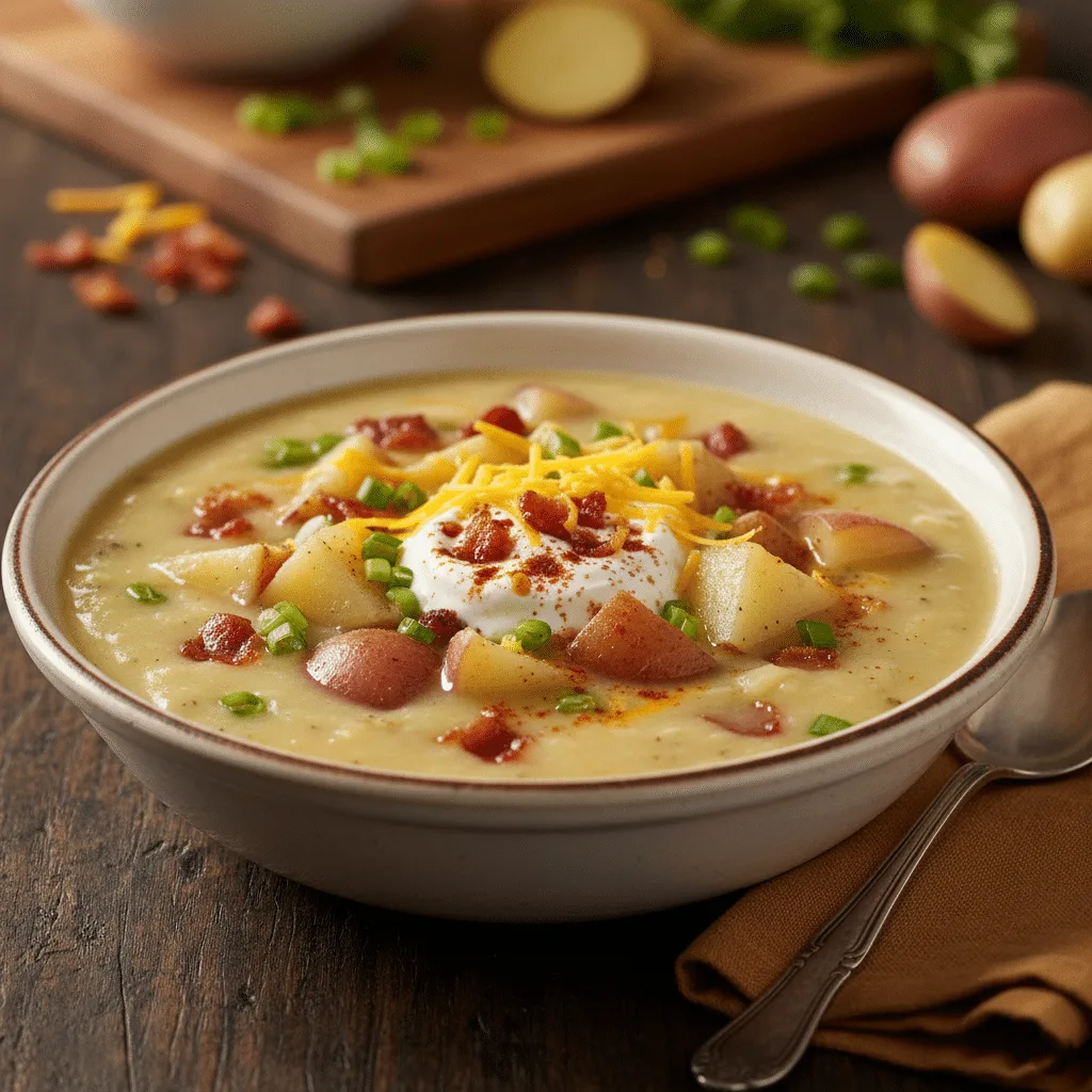 A creamy bowl of homemade loaded potato soup with bacon, cheddar, and chives.