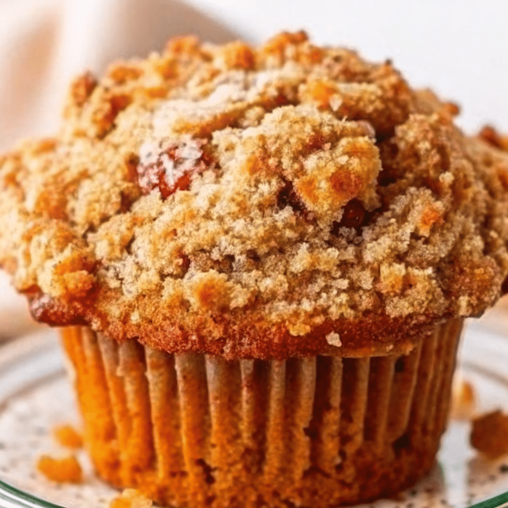 Freshly baked Apple Pumpkin Streusel Muffins with golden crumble topping in a cozy kitchen