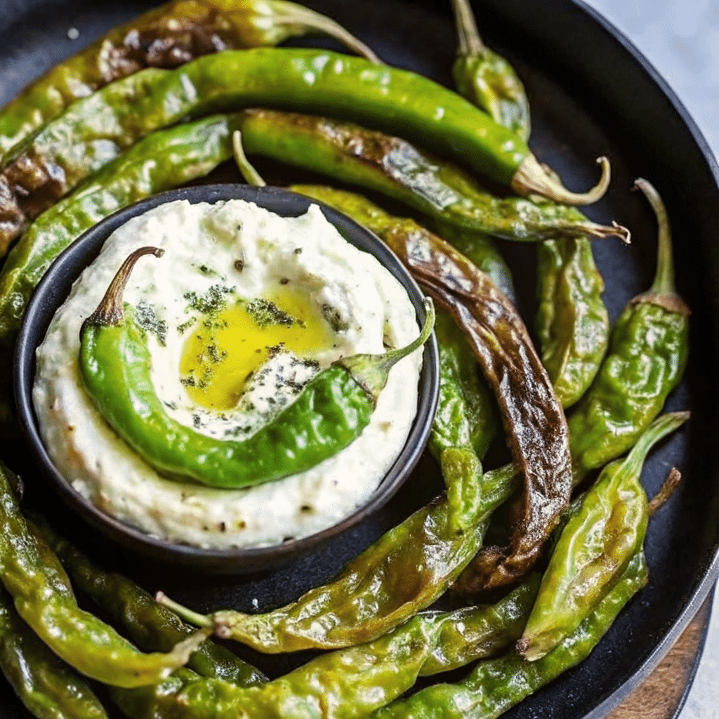Blistered shishito peppers in cast iron skillet with sea salt