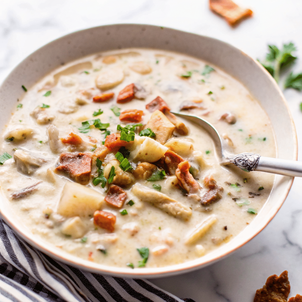 Cauliflower Clam Chowder with Crispy Bacon, Creamy & Comforting Cauliflower Clam Chowder with Crispy Bacon Cauliflower Clam Chowder with Crispy Bacon in rustic bowl
