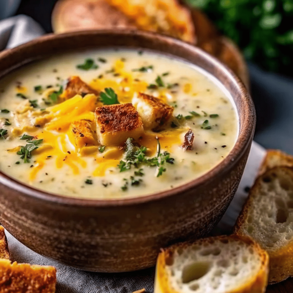 Cheddar Garlic Herb Potato Soup in rustic bowl