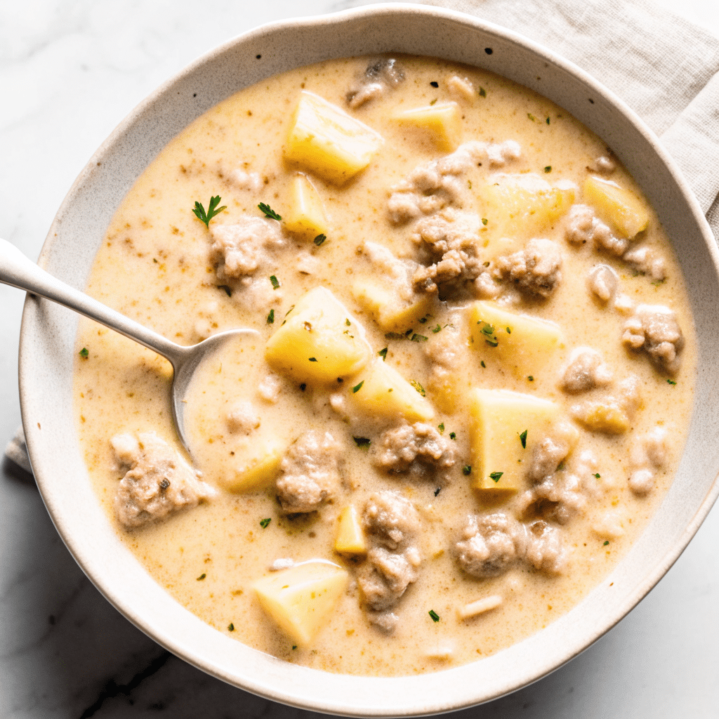 Creamy Sausage Potato Soup served in rustic bowl