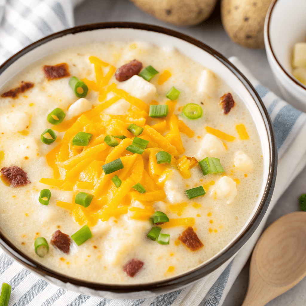 A creamy bowl of easy Potato Soup With Hash browns, topped with bacon, cheddar, and chives.