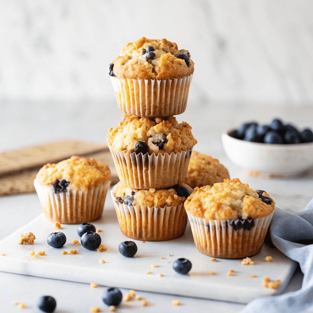 Freshly baked einkorn blueberry muffins on rustic table