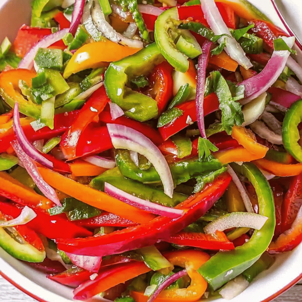 Colorful tricolor bell pepper salad recipe with red, yellow, and green peppers, perfect for a fresh side dish