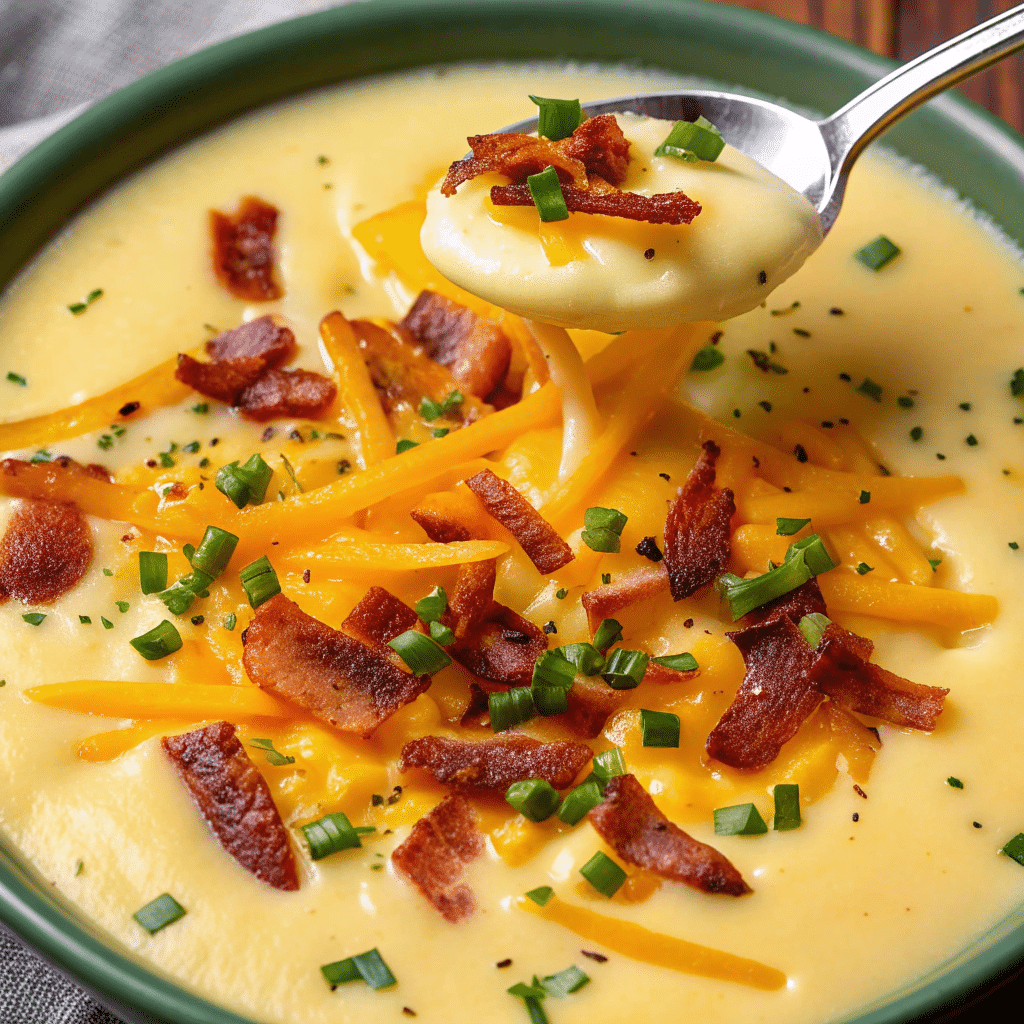 A creamy bowl of homemade loaded potato soup with bacon, cheddar, and chives.
