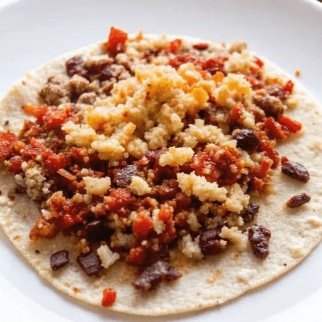 Authentic street-style Taco Campechano with steak, chorizo, and chicharron on a corn tortilla.