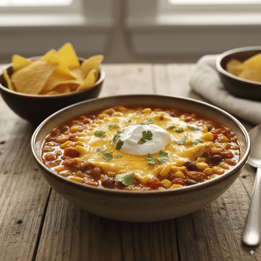 A cozy, steaming bowl of the best 7-Can Taco Soup, loaded with toppings like cheddar cheese and sour cream.