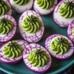 Creepy Deviled Eggs for Halloween decorated as eyeballs on a spooky tray