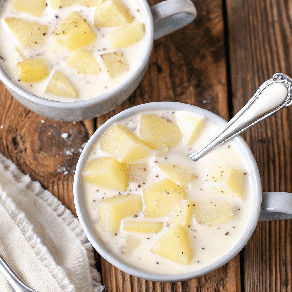 Old-Fashioned Potato Soup in rustic kitchen