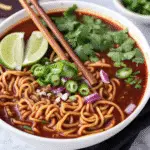 A stunning bowl of homemade Birria Ramen with Beef, garnished with a soft-boiled egg, radishes, and cilantro.