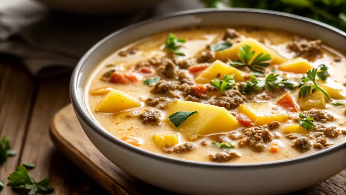 Cheesy Hamburger Potato Soup with melted cheddar and beef