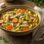 Warm, comforting chicken noodle soup with egg noodles, fresh vegetables, and herbs.