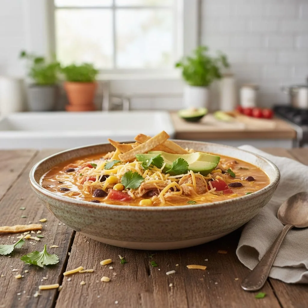Chicken Taco Soup in a rustic bowl with toppings