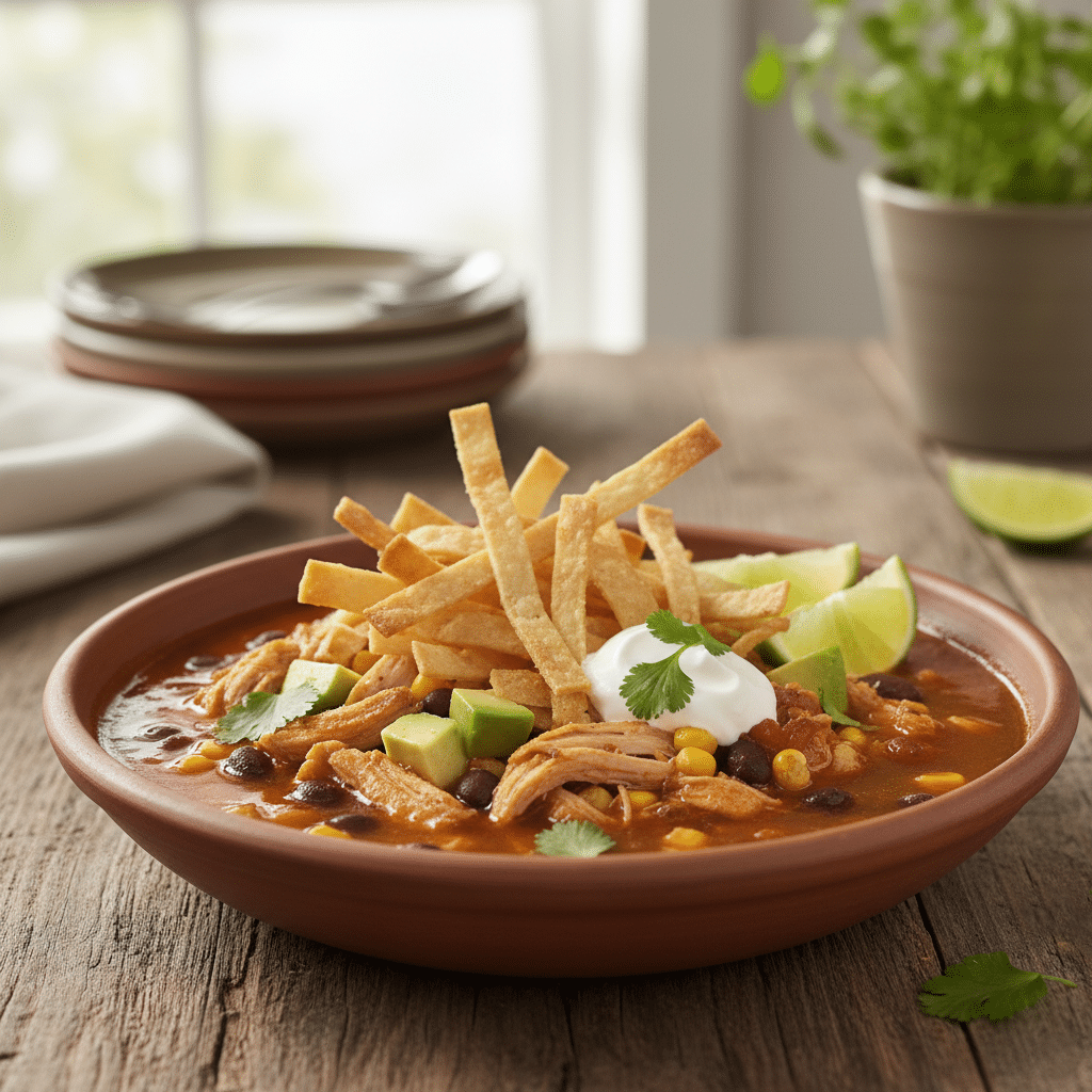 A cozy, steaming bowl of the best homemade Chicken Tortilla Soup, loaded with toppings like avocado, sour cream, and tortilla strips