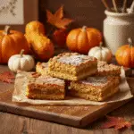 Cottage cheese pumpkin spice bars on parchment paper with pumpkin background