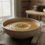 Creamy mushroom soup in a rustic bowl