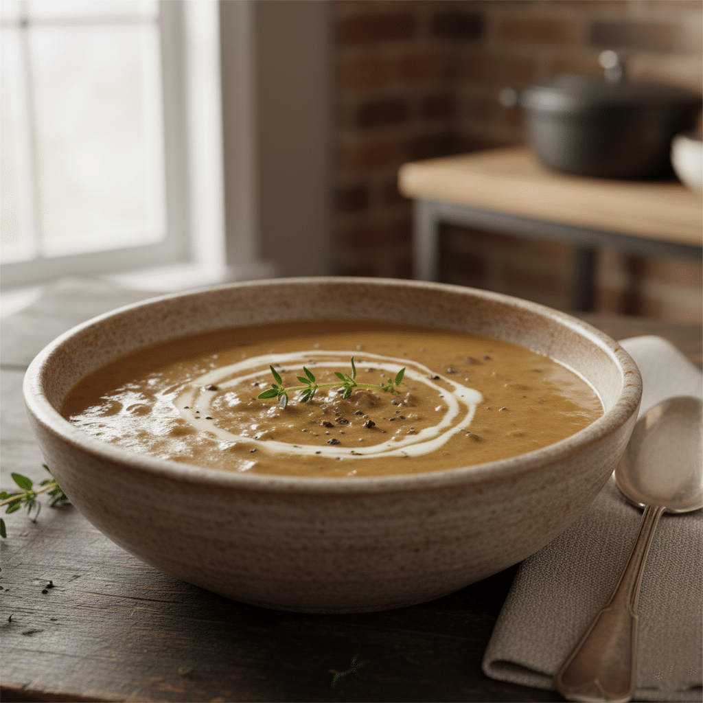 Creamy mushroom soup in a rustic bowl