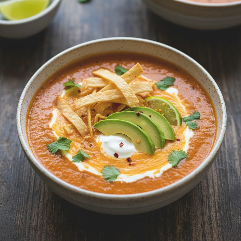 A comforting bowl of creamy taco soup topped with tortilla strips, cheese, and avocado