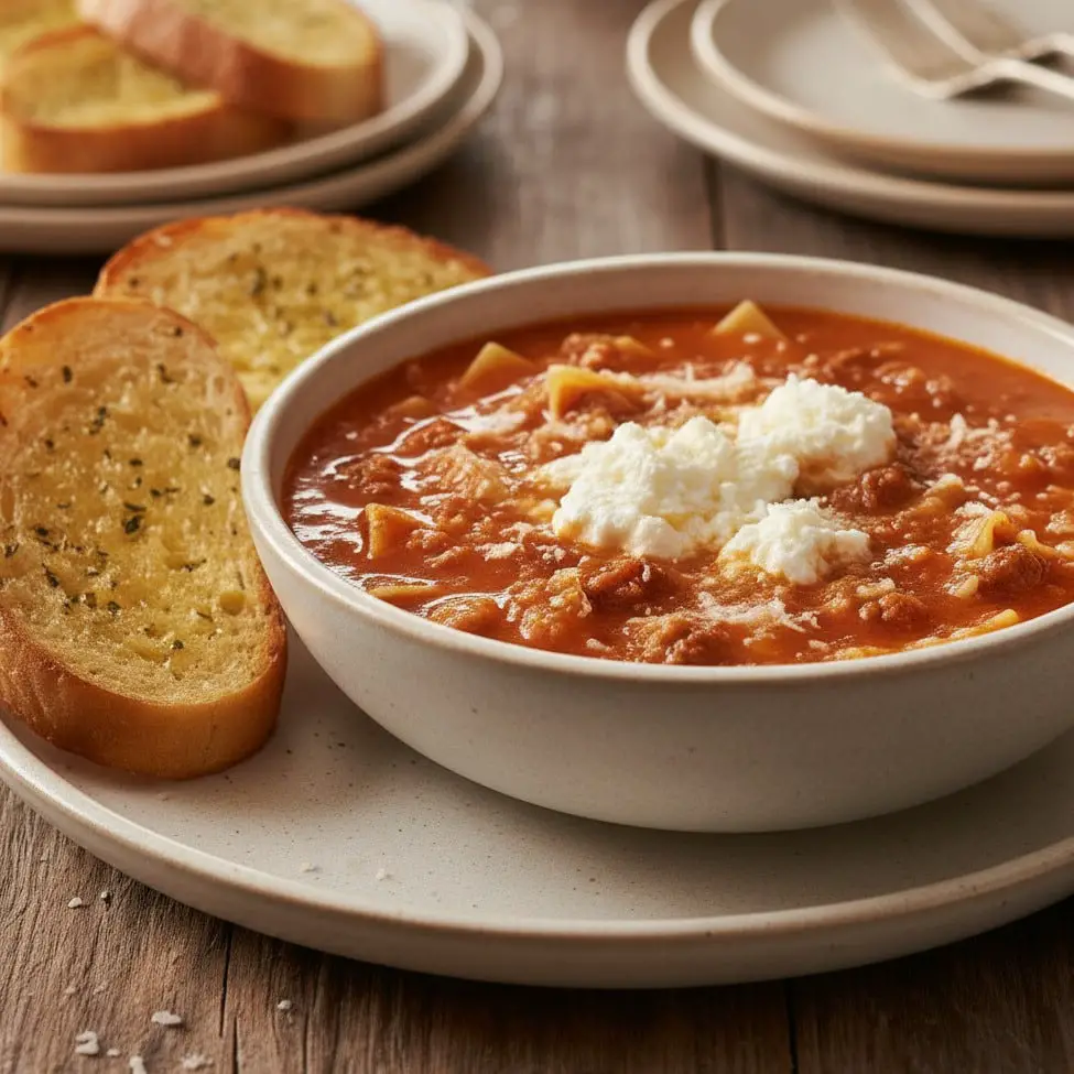 A hearty serving of Crockpot Lasagna Soup Recipe topped with ricotta and basil, served with bread
