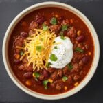 A simple overhead photo of the finished Ground Beef Taco Soup in a white bowl, ready to be served.