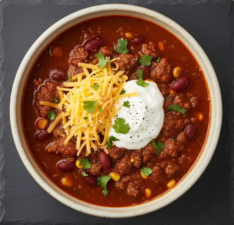 A simple overhead photo of the finished Ground Beef Taco Soup in a white bowl, ready to be served.