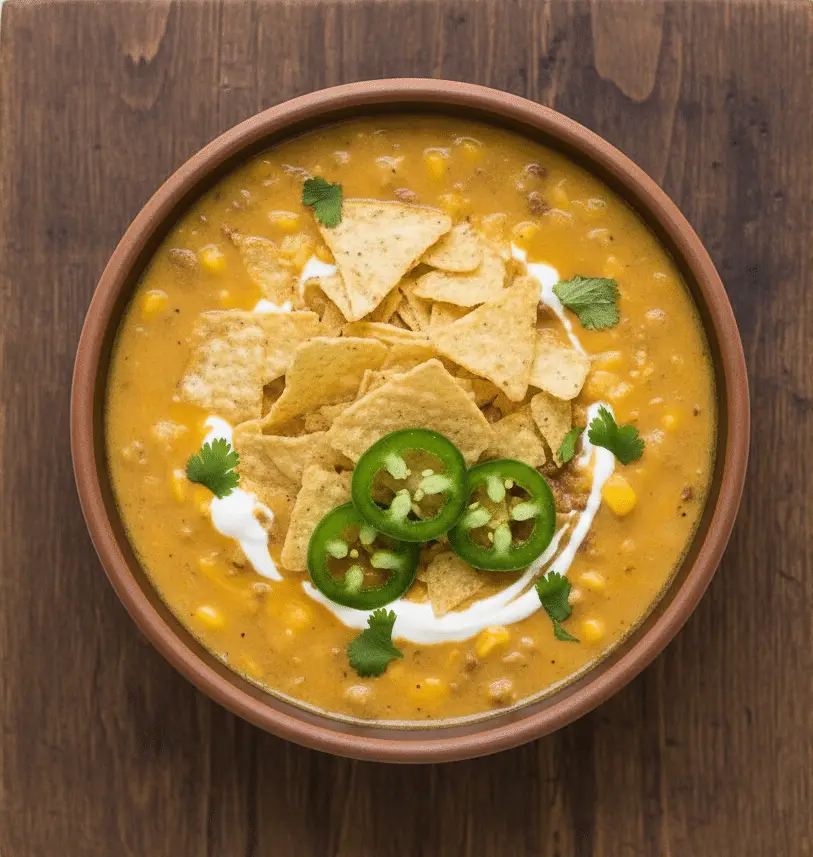 A simple overhead photo of the finished Slow Cooker Nacho Soup in a bowl