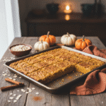 Healthy pumpkin oatmeal bars baked in a pan and cut into squares