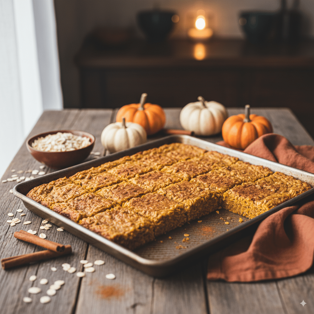 Healthy pumpkin oatmeal bars baked in a pan and cut into squares
