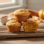A stack of fluffy High-Protein Cottage Cheese Pumpkin Muffins on a rustic cooling rack, with one broken open to show the moist texture