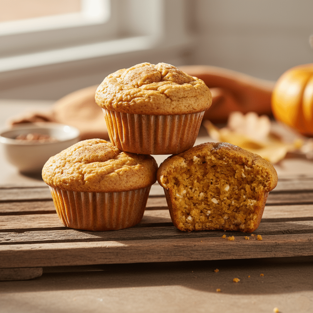 A stack of fluffy High-Protein Cottage Cheese Pumpkin Muffins on a rustic cooling rack, with one broken open to show the moist texture