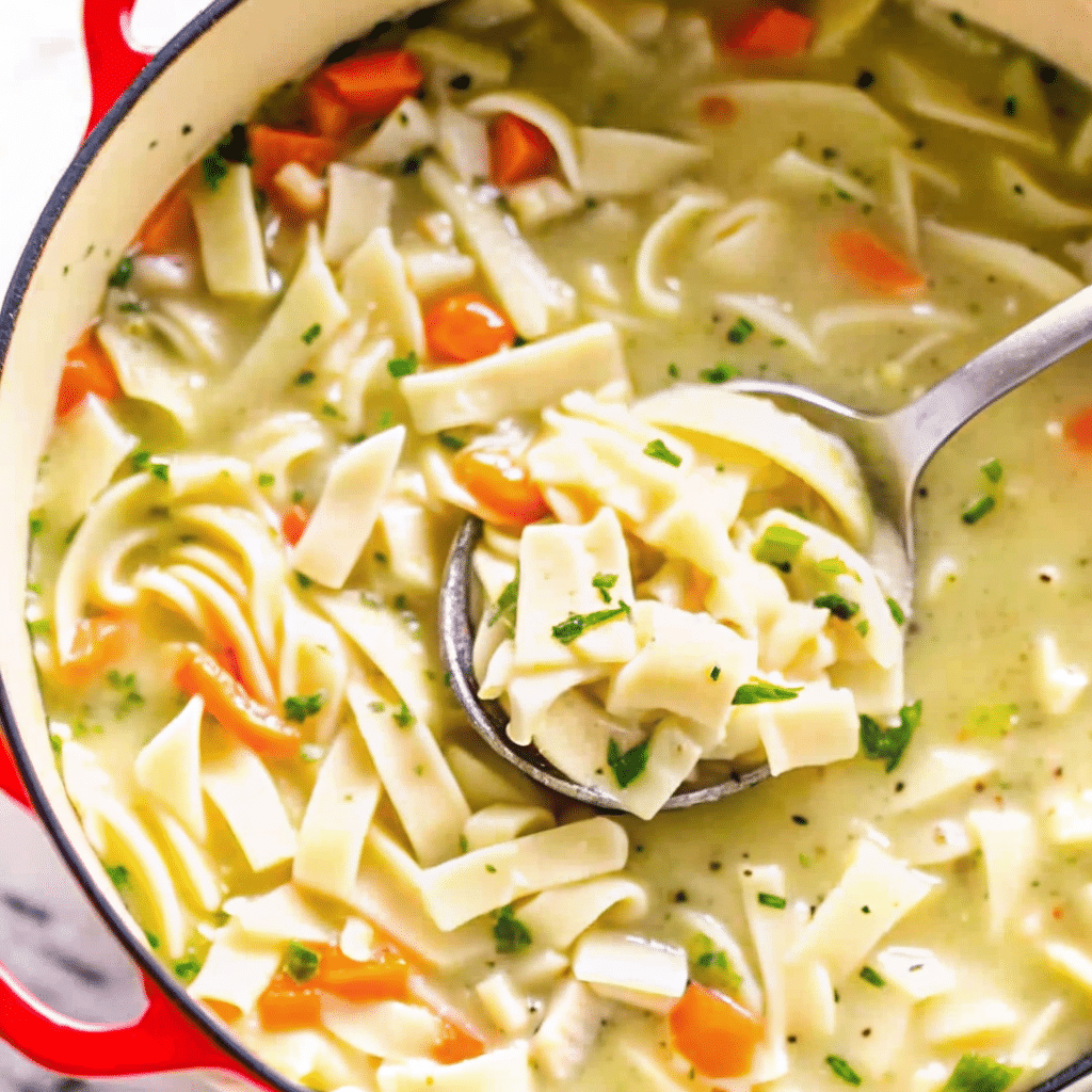 Homemade chicken noodle soup with noodles and vegetables