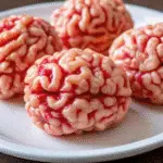 Marshmallow Rice Krispies Brains decorated with red icing on a spooky Halloween platter