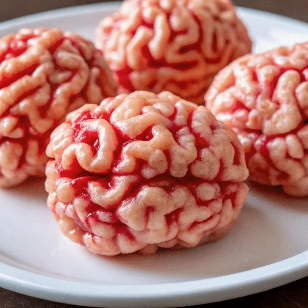 Marshmallow Rice Krispies Brains - Spooky & Easy Halloween Treats Marshmallow Rice Krispies Brains Marshmallow Rice Krispies Brains decorated with red icing on a spooky Halloween platter