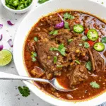 A rich and steaming bowl of authentic Mexican Birria, garnished with fresh onion and cilantro, ready to be served.