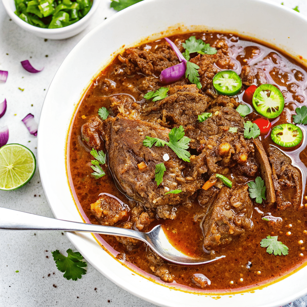 A rich and steaming bowl of authentic Mexican Birria, garnished with fresh onion and cilantro, ready to be served.