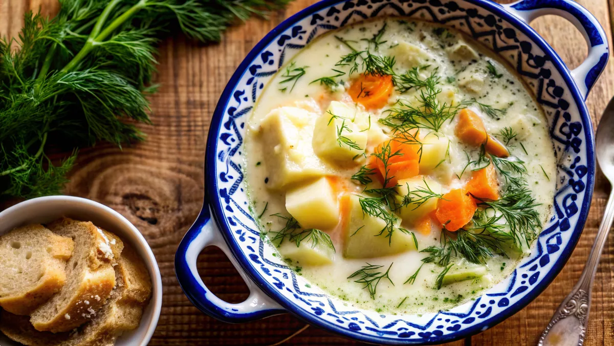 Potato dill soup creamy cozy recipe with fresh dill and butter