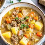 Bowl of creamy potato and sausage chowder with bread on the side