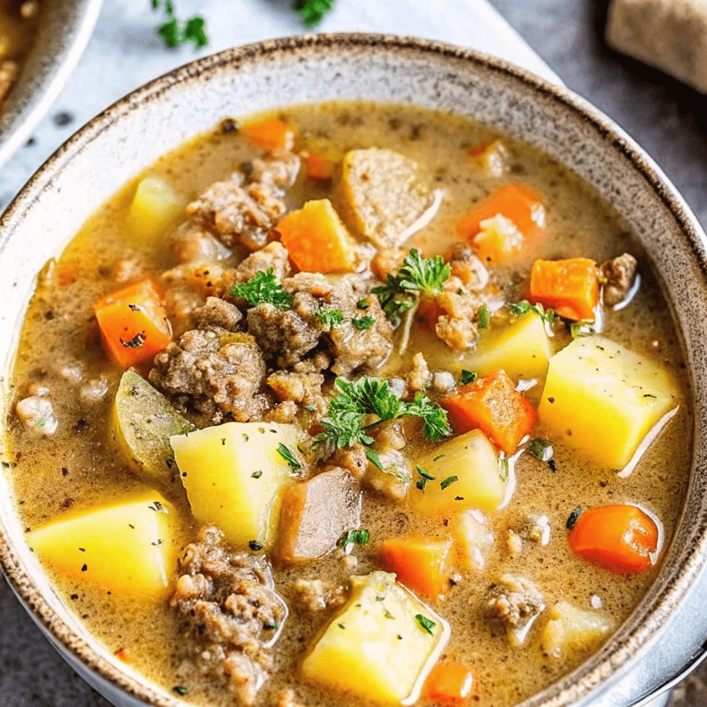 Bowl of creamy potato and sausage chowder with bread on the side